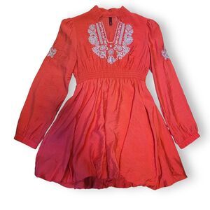Y2K Red 100% Cotton Sateen Embroidered Mini Dress L Bubble Hem Boho Ibiza Summer